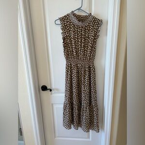 J. Crew Brown and White Polka Dot Midi Ruffle Sleeve Dress XS